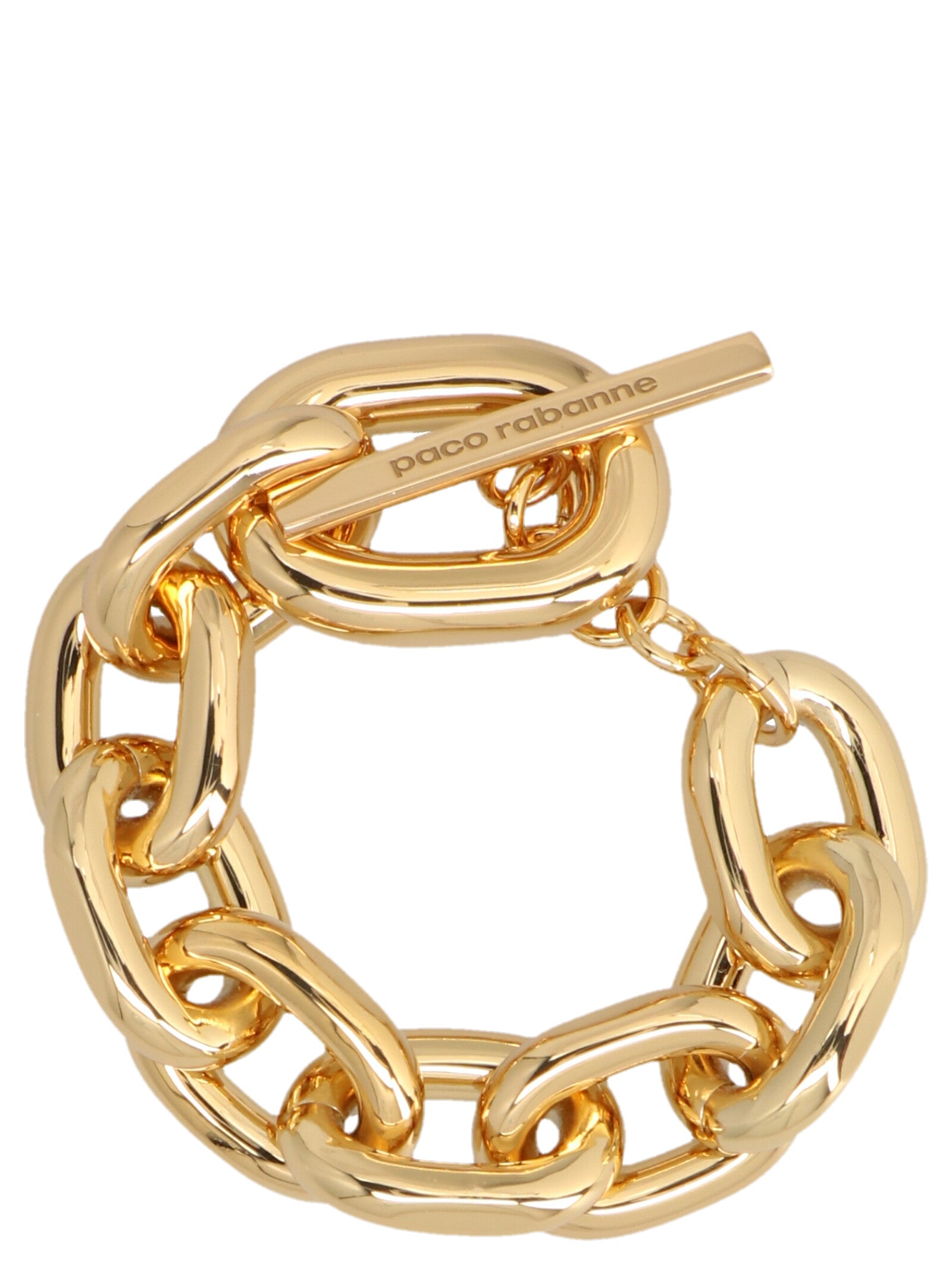 This Bracelet by Paco Rabanne for women in stretch cotton and gold showcases a exquisite silhouette, highlighting the intricate chain link bracelet design from the Women's Chain Link Gold Brass Bracelet collection for a exquisite aesthetic.