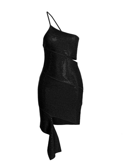 Dress by ANDREĀDAMO for women in viscose & polyester sequins black features an sultry silhouette defined by a asymmetric neckline and , falling to an sultry short for a sultry look.