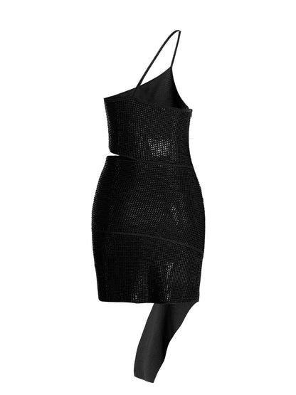 Dress by ANDREĀDAMO for women in viscose & polyester sequins black presents a sinuous silhouette, showcasing a sophisticated asymmetric neckline and detailed with a sinuous short for a refined finish.