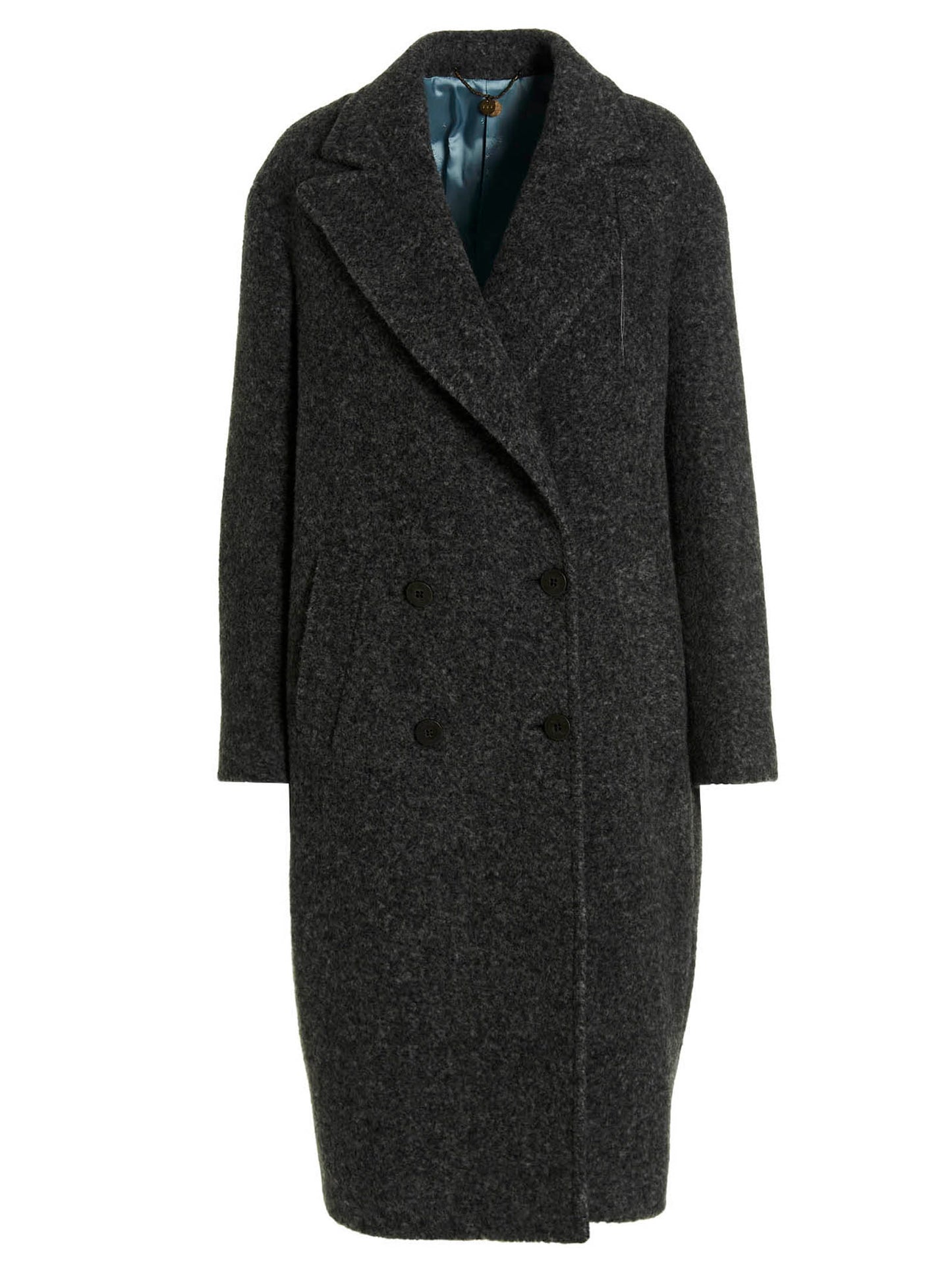 Overcoat by MAURIZIO MIRI for women in polyamide viscose gray features an satoral silhouette, showcasing a sophisticated v-neck neckline and satoral pockets for a premium, timeless look.