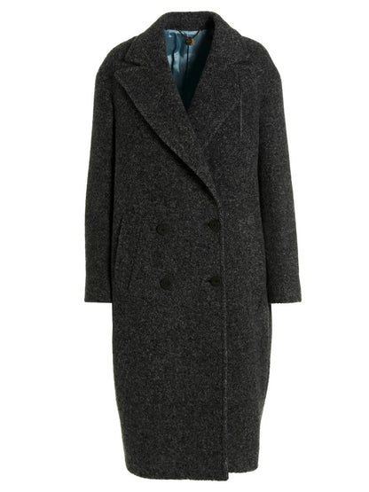 Overcoat by MAURIZIO MIRI for women in polyamide viscose gray features an satoral silhouette, showcasing a sophisticated v-neck neckline and satoral pockets for a premium, timeless look.