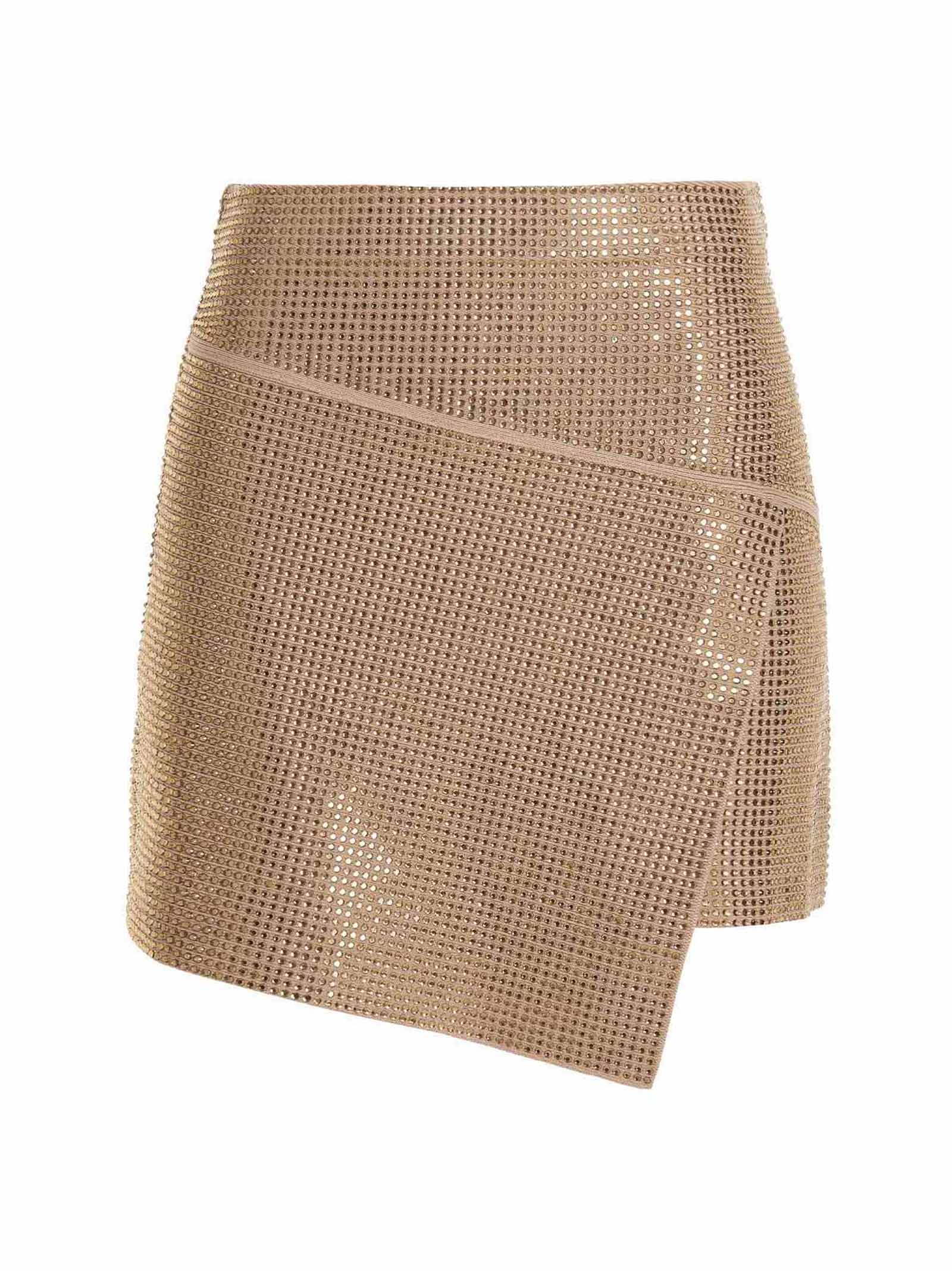 Skirt by ANDREĀDAMO for women in viscose & polyester sequins beige showcases a sultry silhouette, elegantly defined by its short long and the sophisticated sultry design of the Women's Viscose & Polyester Sequins Short Long Skirt.