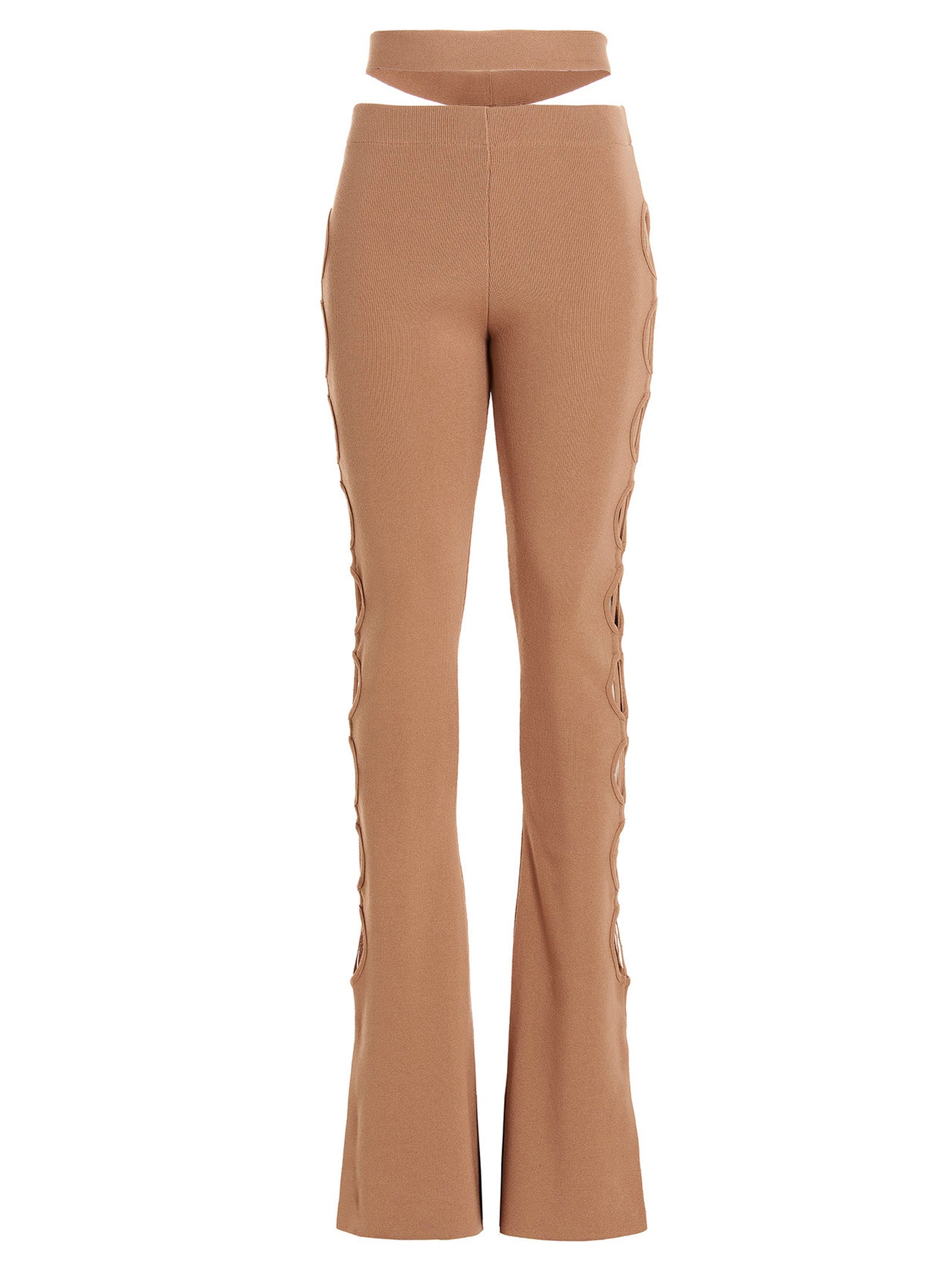 Trousers by ANDREĀDAMO for women in viscose polyester & polyamide beige features a tailored silhouette with a tailored flared, defined by its long and a sophisticated .