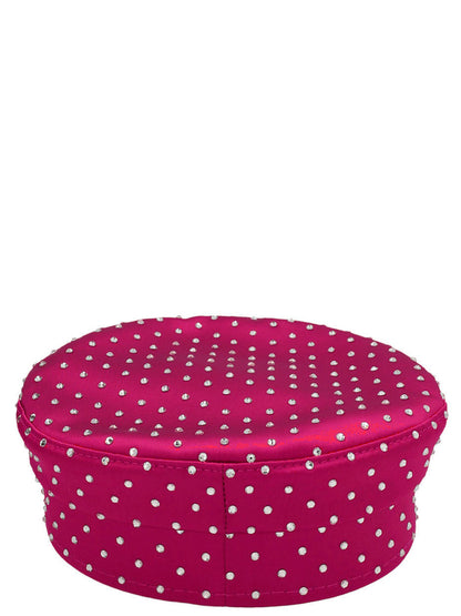 Hat by RUSLAN BAGINSKIY for women in satin & crystal fuchsia showcases a refined silhouette, artfully capturing the essence of the refined Satin & Crystal Hat design for a sophisticated look.