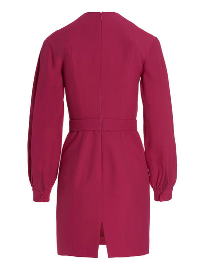 Dress by Giovanni Bedin for women in acetate & viscose fuchsia features a dramatic silhouette, showcasing an elegant and that flows into a dramatic short mini.