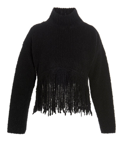 Cardigan by MIXIK for women in cashmere black features a dramatic silhouette, showcasing a sophisticated and dramatic long-sleeve detail for a timeless, premium look.