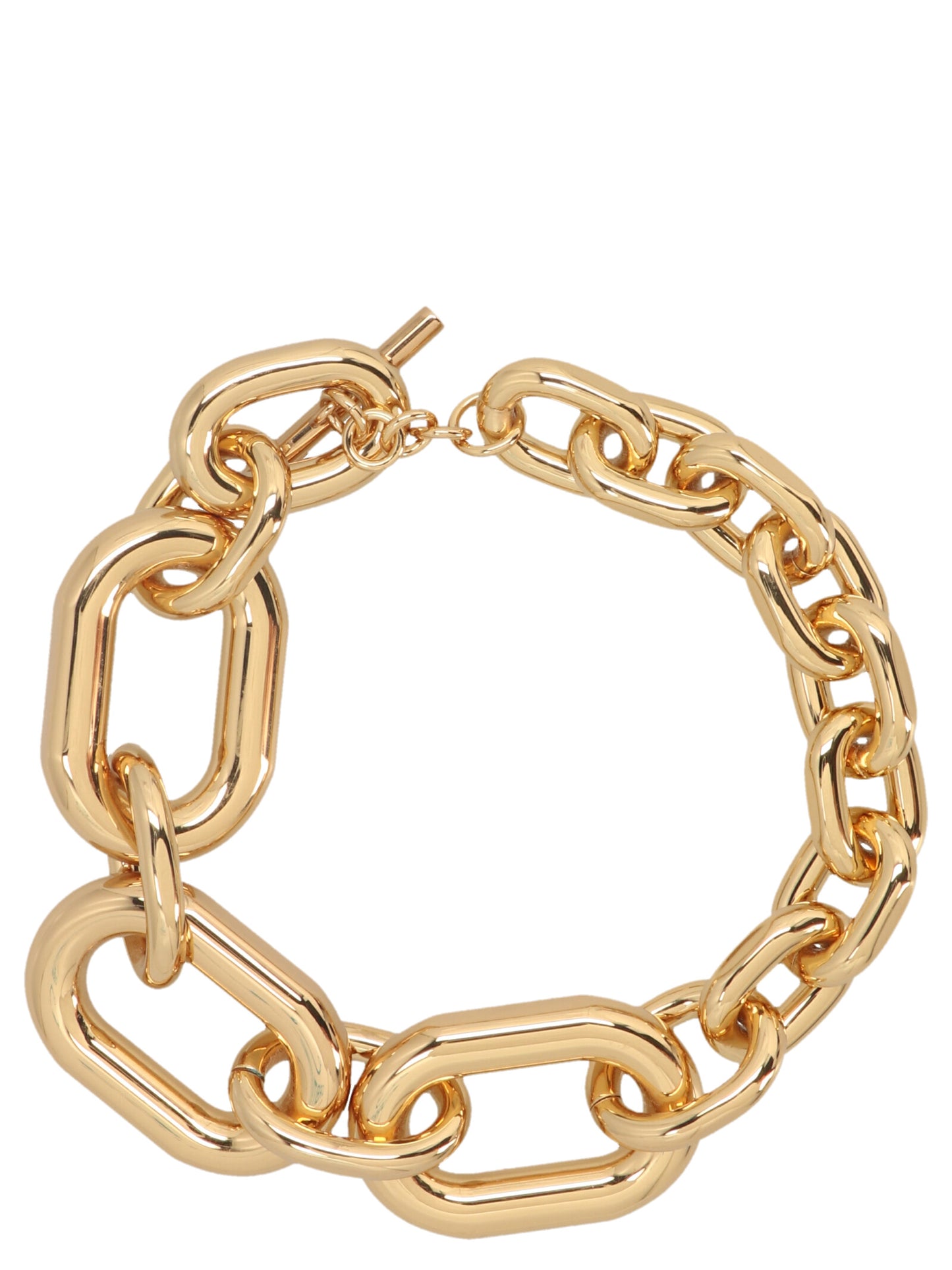 Necklace by Paco Rabanne for women in cashmere gold showcases a dynamic silhouette, artfully highlighting the chain necklace design from the Women's Gold Aluminium Necklace collection for a dynamic aesthetic.