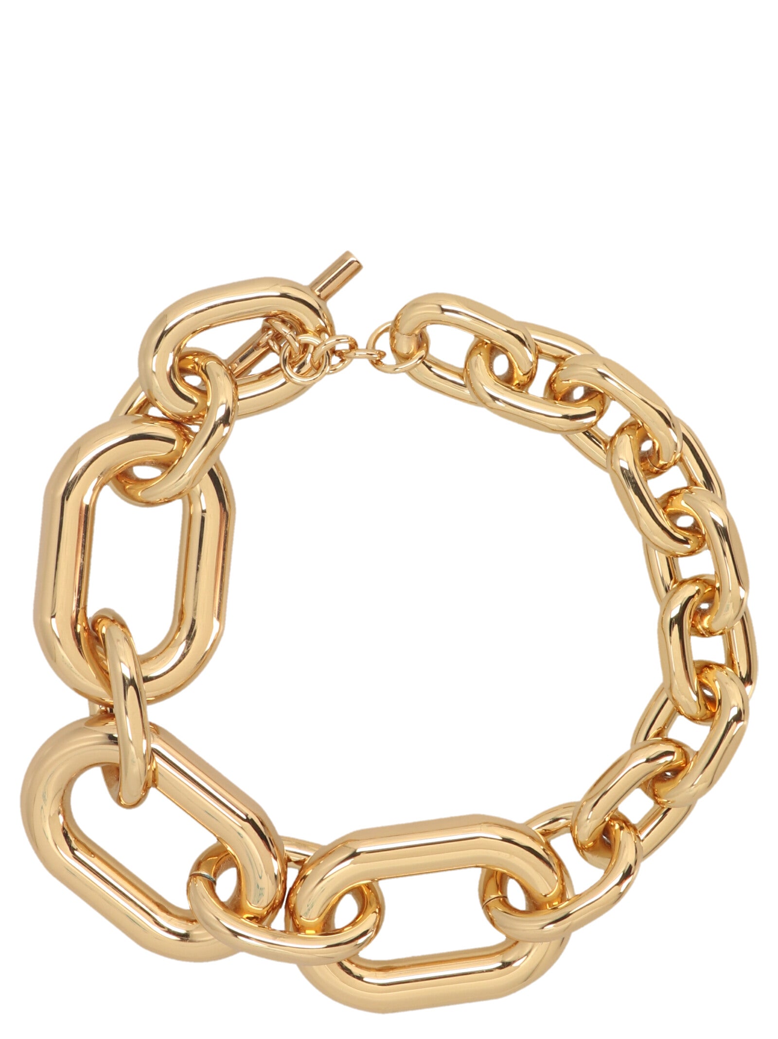Necklace by Paco Rabanne for women in cashmere gold showcases a dynamic silhouette, artfully highlighting the chain necklace design from the Women's Gold Aluminium Necklace collection for a dynamic aesthetic.