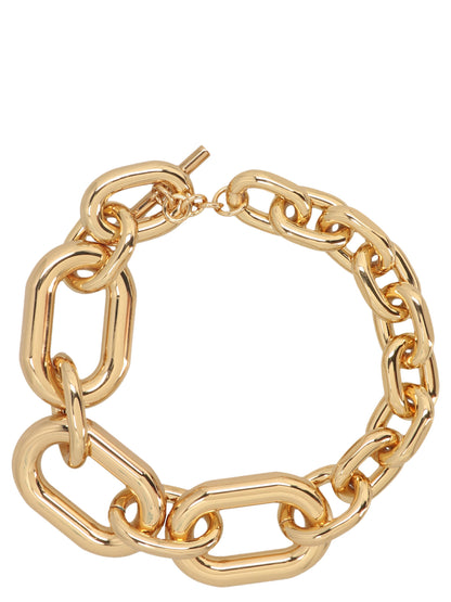 Necklace by Paco Rabanne for women in cashmere gold showcases a dynamic silhouette, artfully highlighting the chain necklace design from the Women's Gold Aluminium Necklace collection for a dynamic aesthetic.