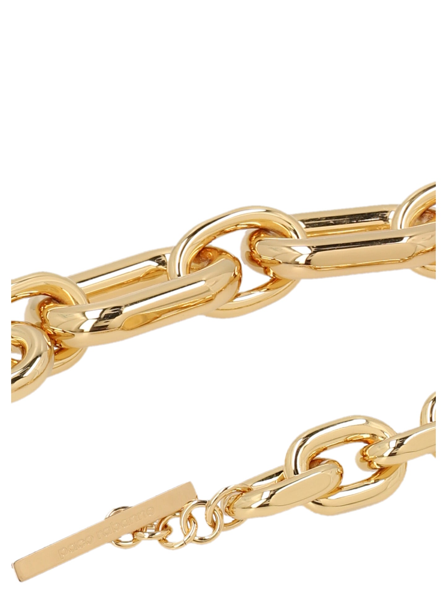 Necklace by Paco Rabanne for women in cashmere gold features an resplendent silhouette, showcasing a sophisticated chain necklace design from the Women's Gold Aluminium Necklace collection for a resplendent finish.
