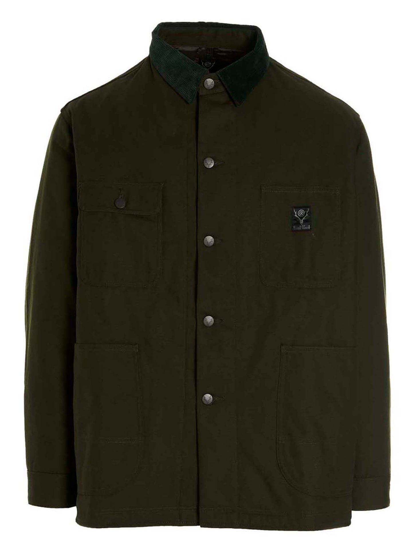Overcoat by SOUTH2 WEST8 for men in cotton corduroy bicolour & green presents a luxurious silhouette, showcasing a luxurious and sophisticated pockets for a premium, luxurious look.