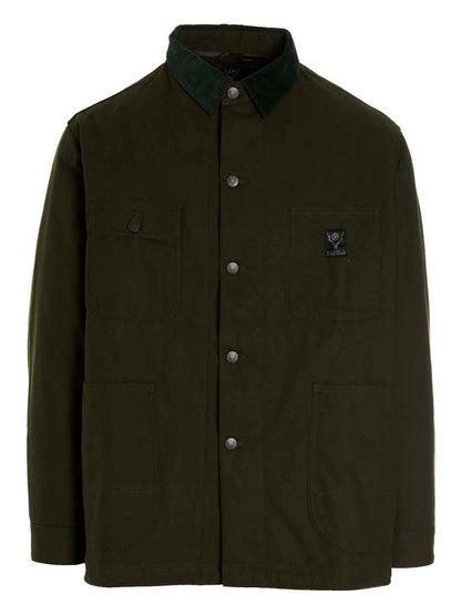 Overcoat by SOUTH2 WEST8 for men in cotton corduroy bicolour & green presents a luxurious silhouette, showcasing a luxurious and sophisticated pockets for a premium, luxurious look.