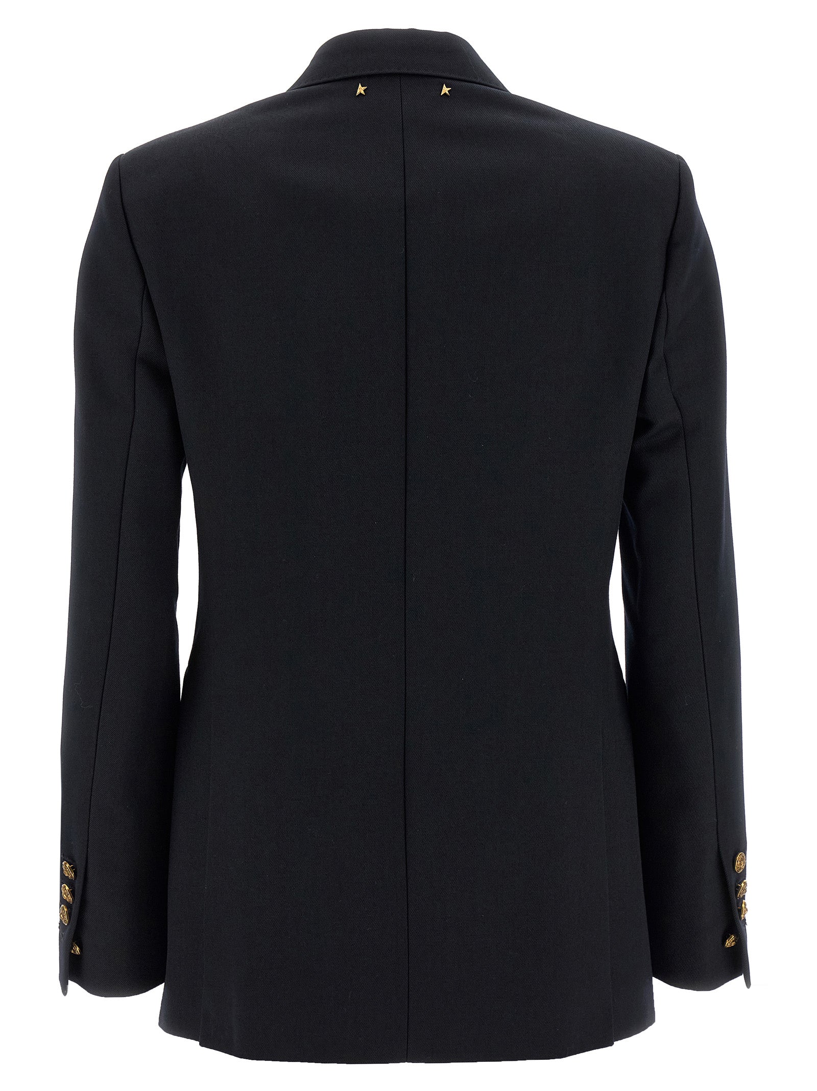 Blazer by Golden Goose for women in virgin wool polyester & cupro blue & monogram showcases a polished silhouette, highlighted by a refined and polished for a sophisticated finish.