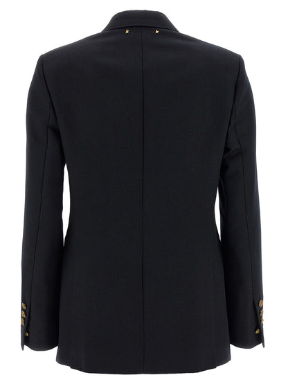 Blazer by Golden Goose for women in virgin wool polyester & cupro blue & monogram showcases a polished silhouette, highlighted by a refined and polished for a sophisticated finish.