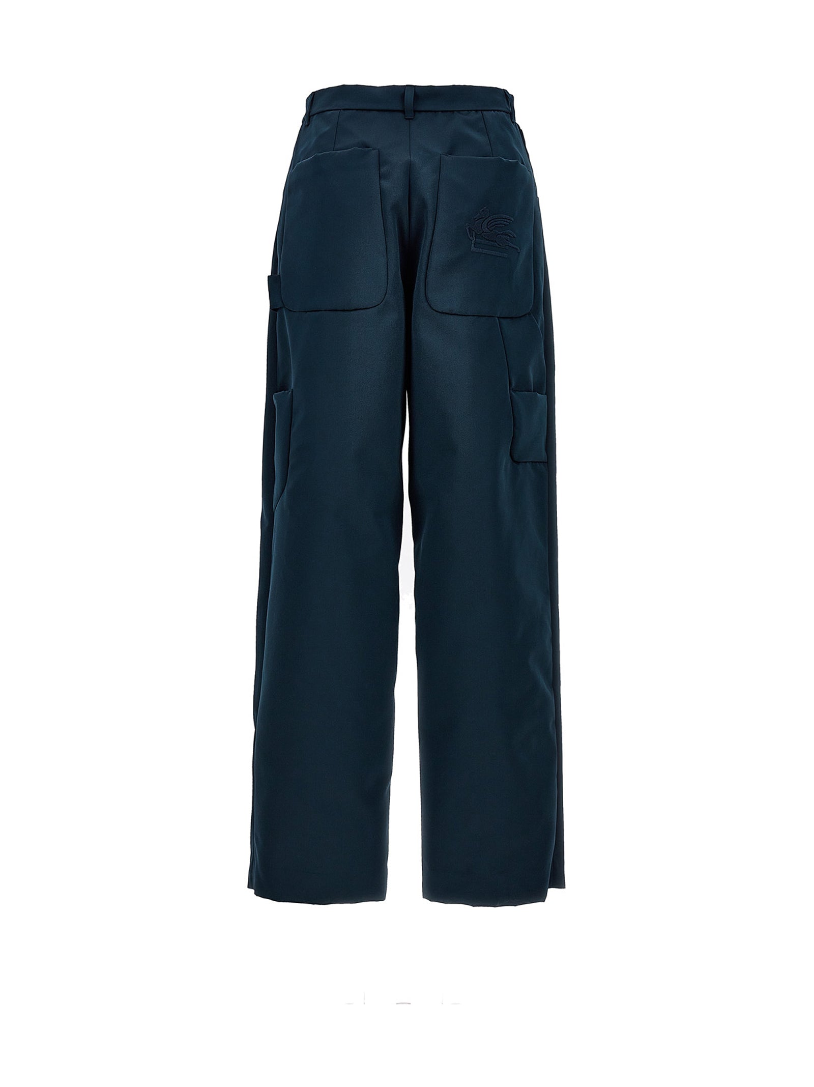 Cargo Pants by Etro for women in polyester blue features an urban chic with a high rise and long, creating a urban chic aesthetic for "Moon Behind the Hill".