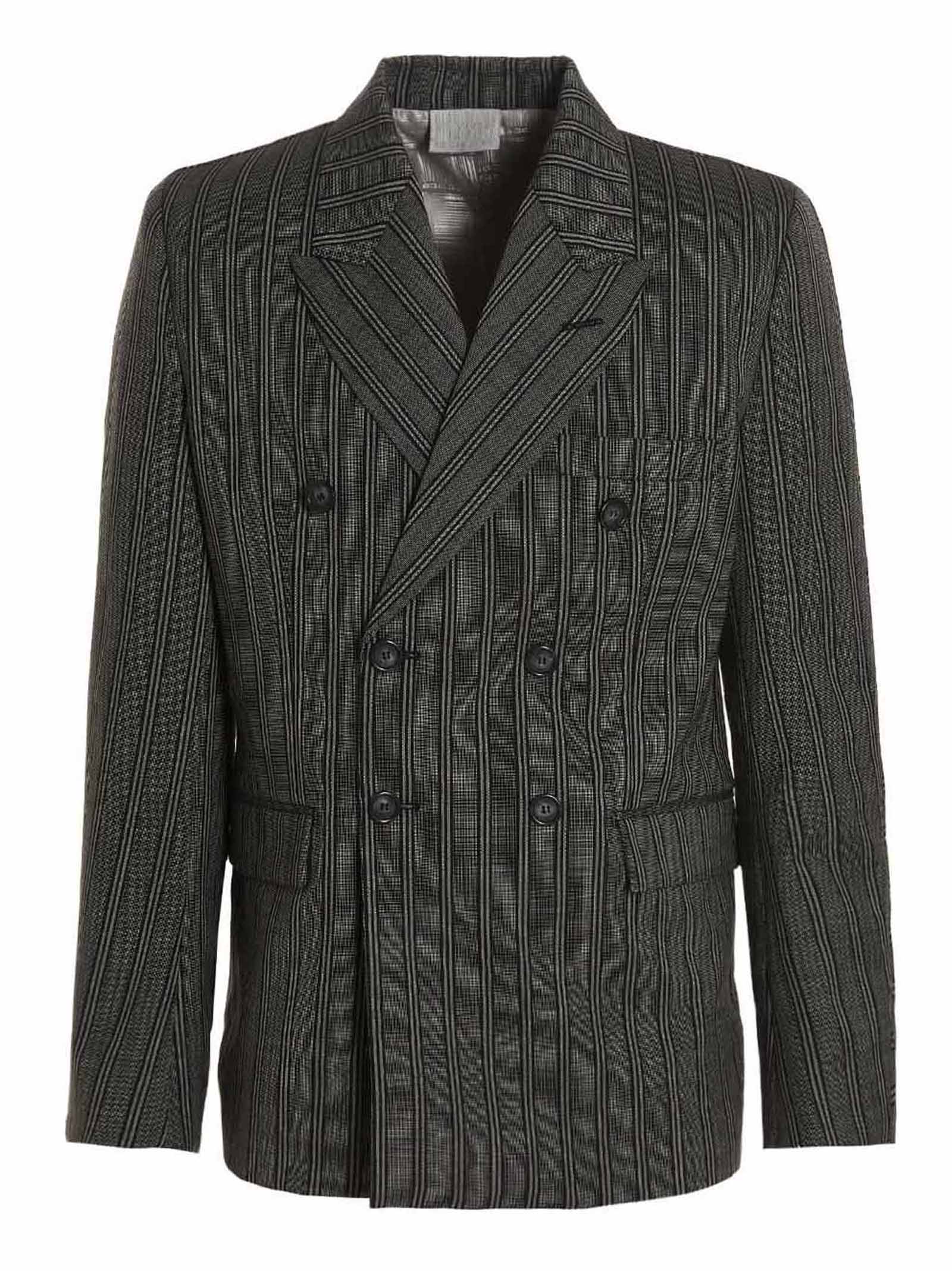 Blazer by VTMNTS for men in virgin wool black & striped features an sartorial silhouette, showcasing a sophisticated double-breasted neckline and sartorial for a truly sartorial finish.