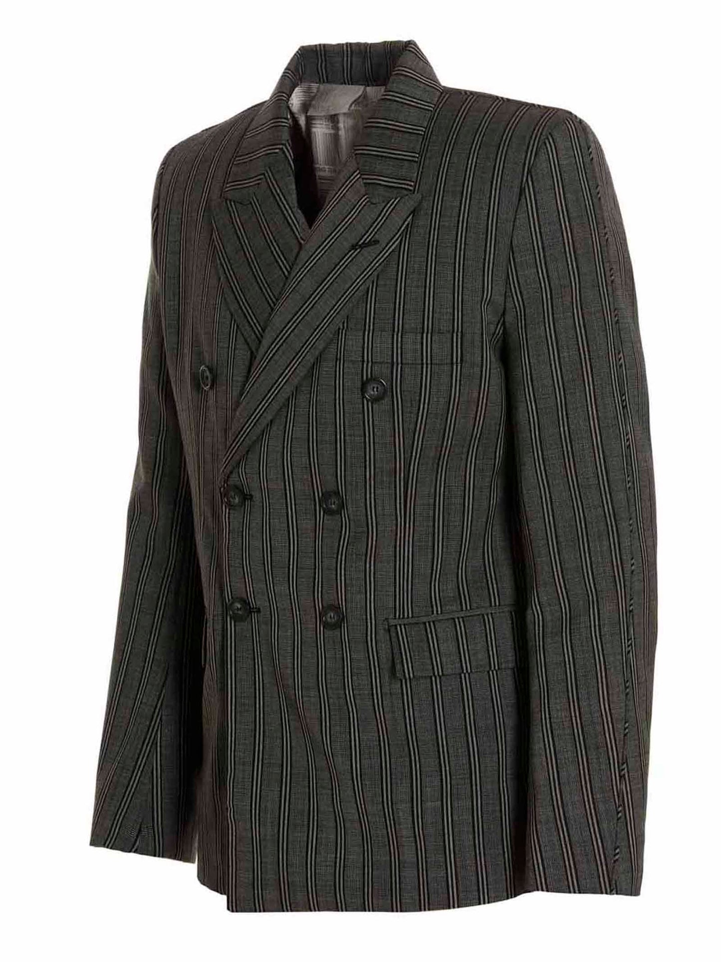 Blazer by VTMNTS for men in virgin wool black & striped presents a distinguished silhouette, detailed with a distinguished double-breasted neckline and distinctive for a truly sophisticated finish.