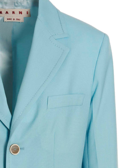 This Blazer by Marni for women in virgin wool light-blue presents a tailored silhouette, meticulously tailored with a tailored and distinctive for a tailored finish.