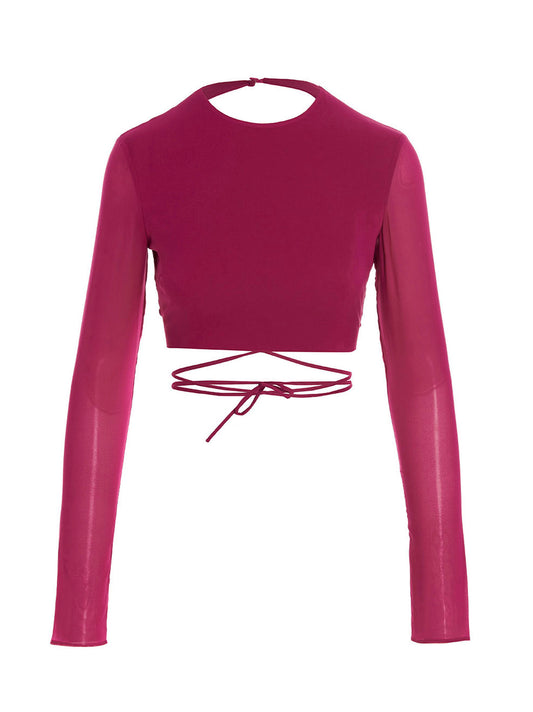 Shirt by The Andamane for women in silk fuchsia showcases a sharp silhouette, elegantly detailed with a sharp and sharp long-sleeve.