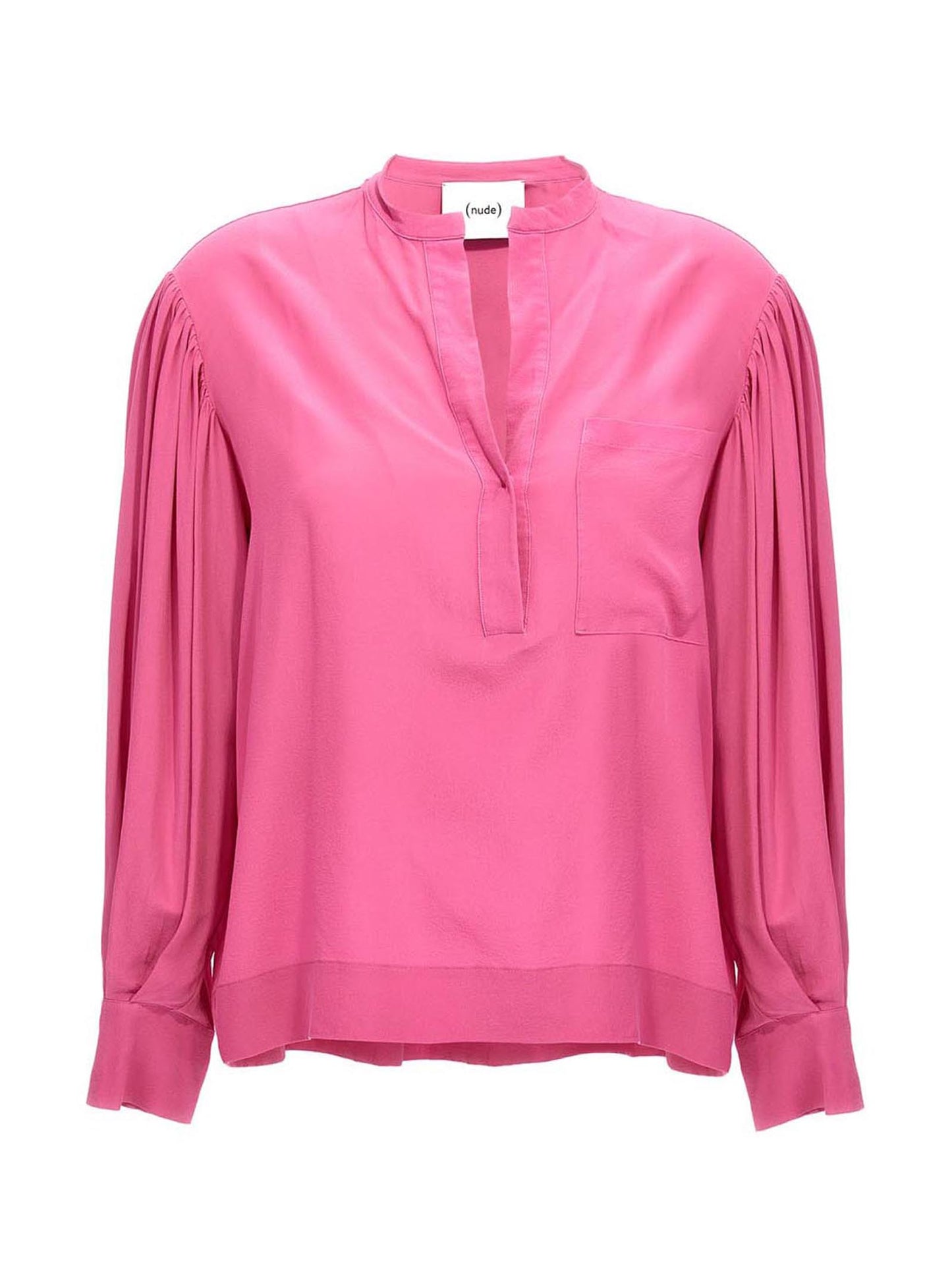 Blouse by NUDE for women in silk multicolor, nude & pink features an architectural silhouette with a refined and elegant v-neck neckline for a architectural look.