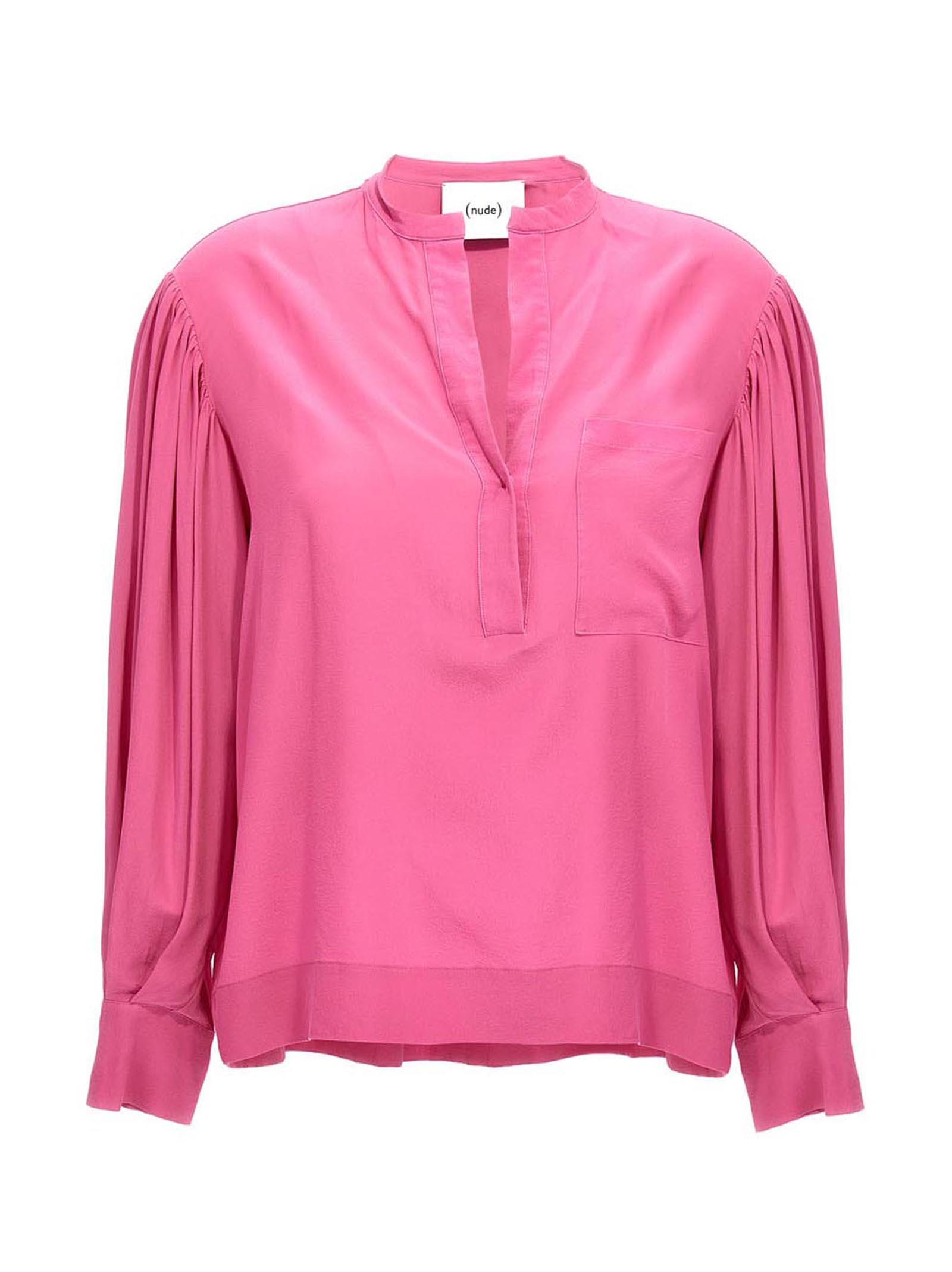 Blouse by NUDE for women in silk multicolor, nude & pink features an architectural silhouette with a refined and elegant v-neck neckline for a architectural look.