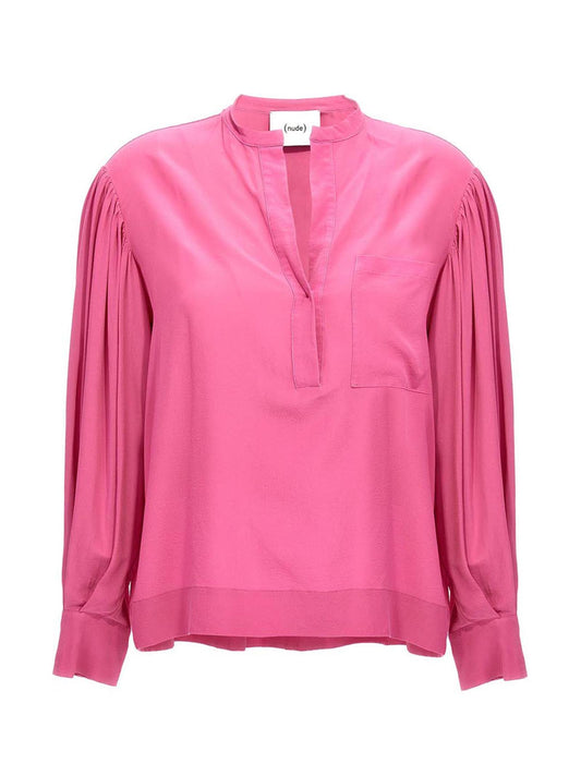 Blouse by NUDE for women in silk multicolor, nude & pink features an architectural silhouette with a refined and elegant v-neck neckline for a architectural look.