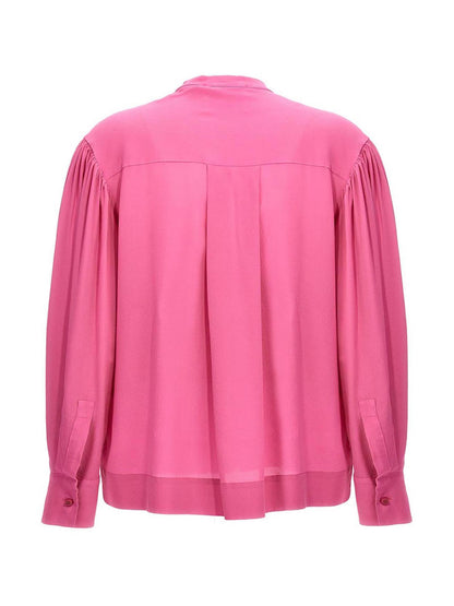 Blouse by NUDE for women in silk multicolor, nude & pink showcases a sharp silhouette, elegantly detailed with a sharp v-neck neckline and sharp .
