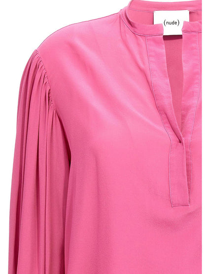 Blouse by NUDE for women in silk multicolor, nude & pink, featuring a nuanced and nuanced v-neck neckline for a sophisticated finish.