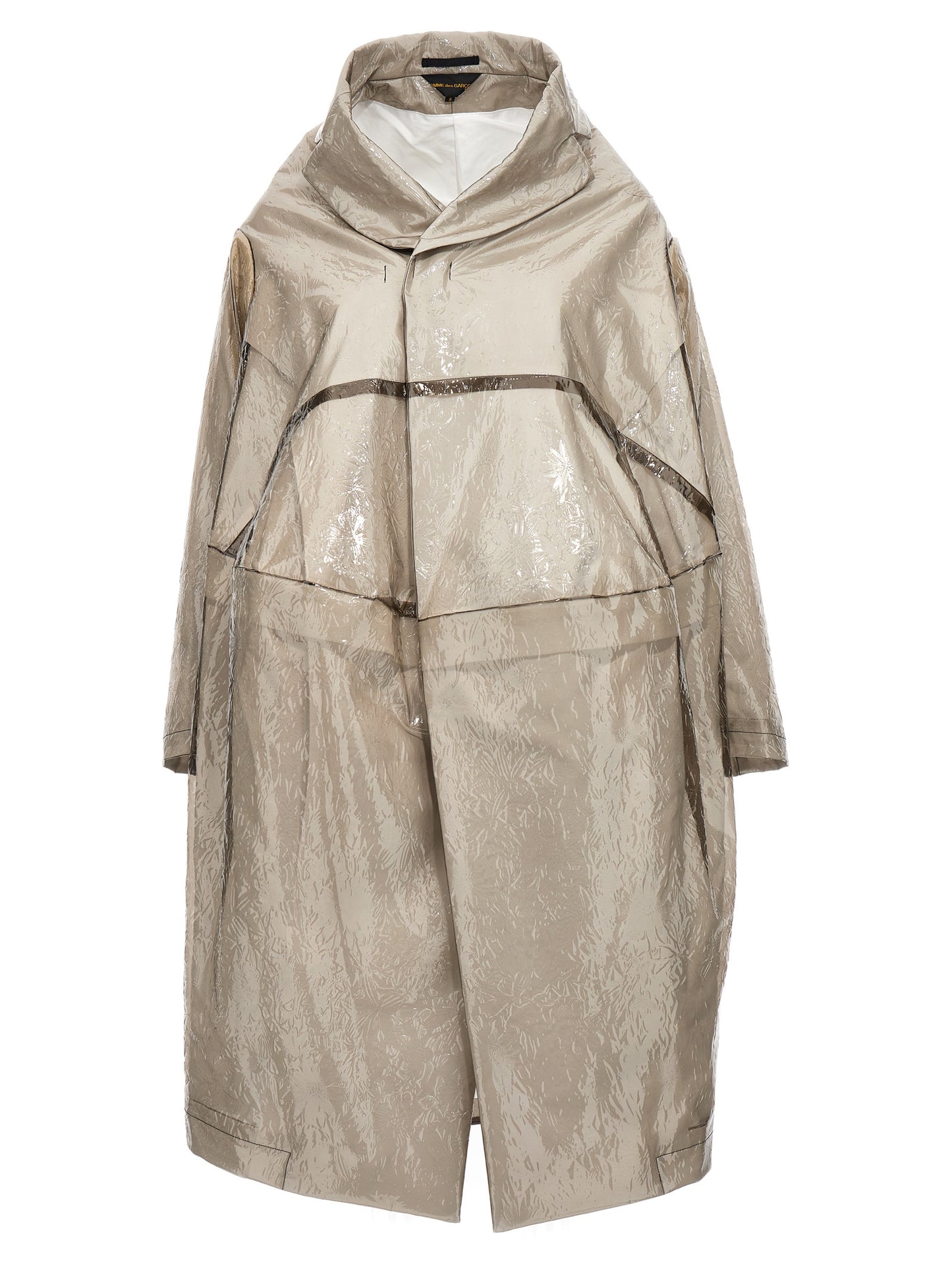 Trench Coat by Comme Des Garçons for women in polyethylene & polyurethane gray presents a distinguished silhouette, artfully detailed with pockets and a distinguished for a sophisticated, distinguished finish.