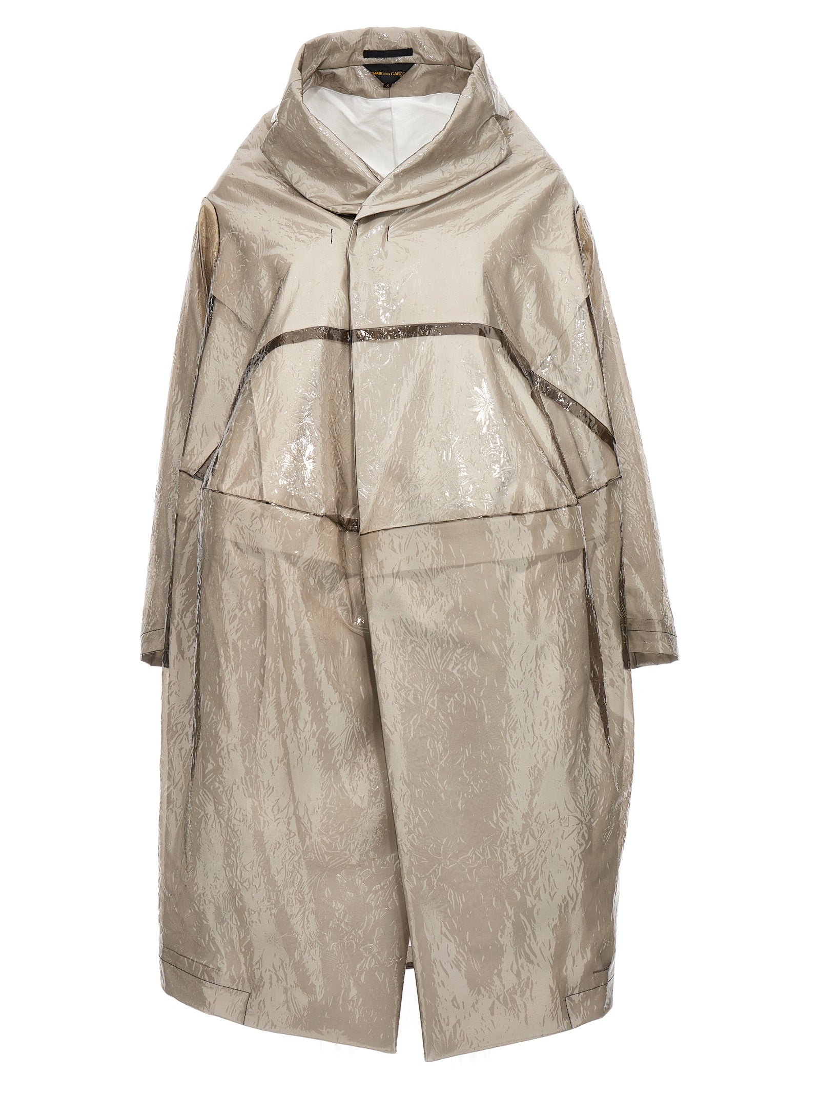 Trench Coat by Comme Des Garçons for women in polyethylene & polyurethane gray presents a distinguished silhouette, artfully detailed with pockets and a distinguished for a sophisticated, distinguished finish.