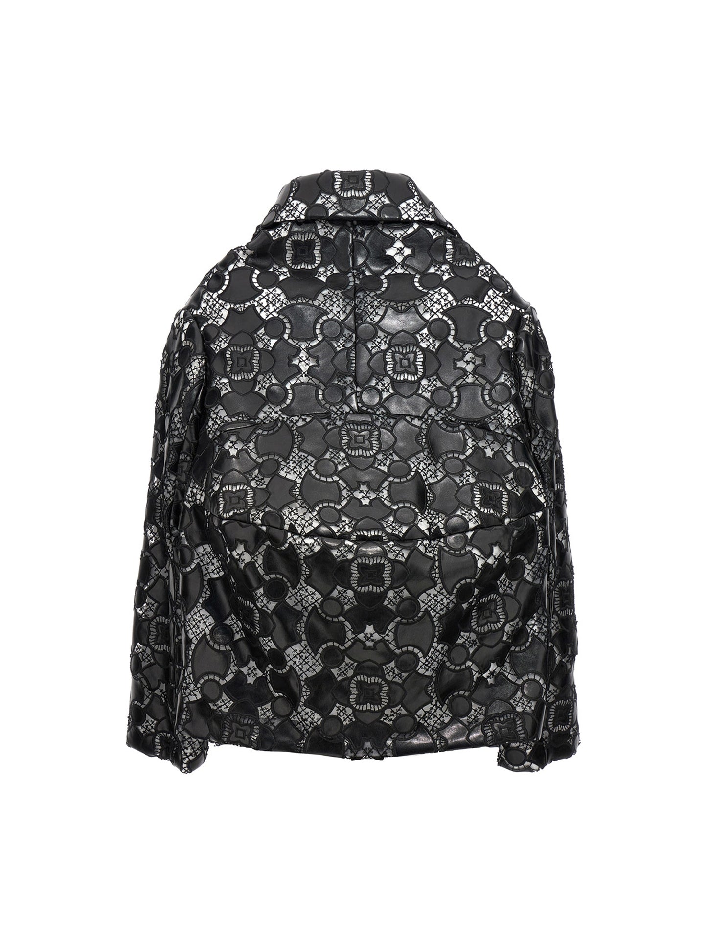 Jacket by Comme Des Garçons for women in polyethylene polyurethane leather bicolour, black, white & patterned presents a impeccable silhouette, showcasing distinct and a impeccable for a sophisticated finish.