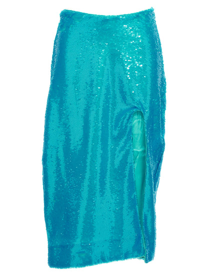 Skirt by Ganni for women in polyester sequins light-blue features an tailored silhouette, artfully capturing the essence of Women's Polyester Sequins Midi Skirt in a sophisticated midi.