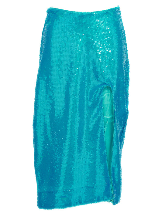 Skirt by Ganni for women in polyester sequins light-blue features an tailored silhouette, artfully capturing the essence of Women's Polyester Sequins Midi Skirt in a sophisticated midi.