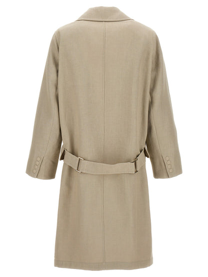 This Max Mara women linen Trench Coat in beige presents a high style silhouette, meticulously detailed with pockets and a high style for a sophisticated, timeless look.