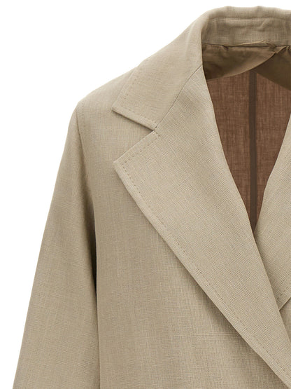 Trench Coat by Max Mara for women in linen beige presents a utilitarian silhouette, showcasing a utilitarian and sophisticated pockets for a truly utilitarian look.