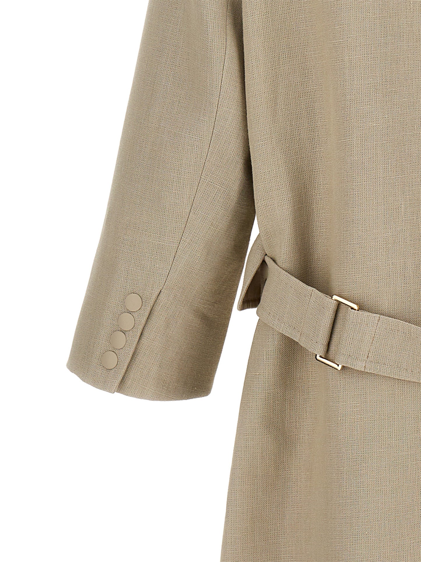 Trench Coat by Max Mara for women in linen beige features an dramatic silhouette, perfectly showcasing the elegant and sophisticated pockets for a truly dramatic aesthetic.