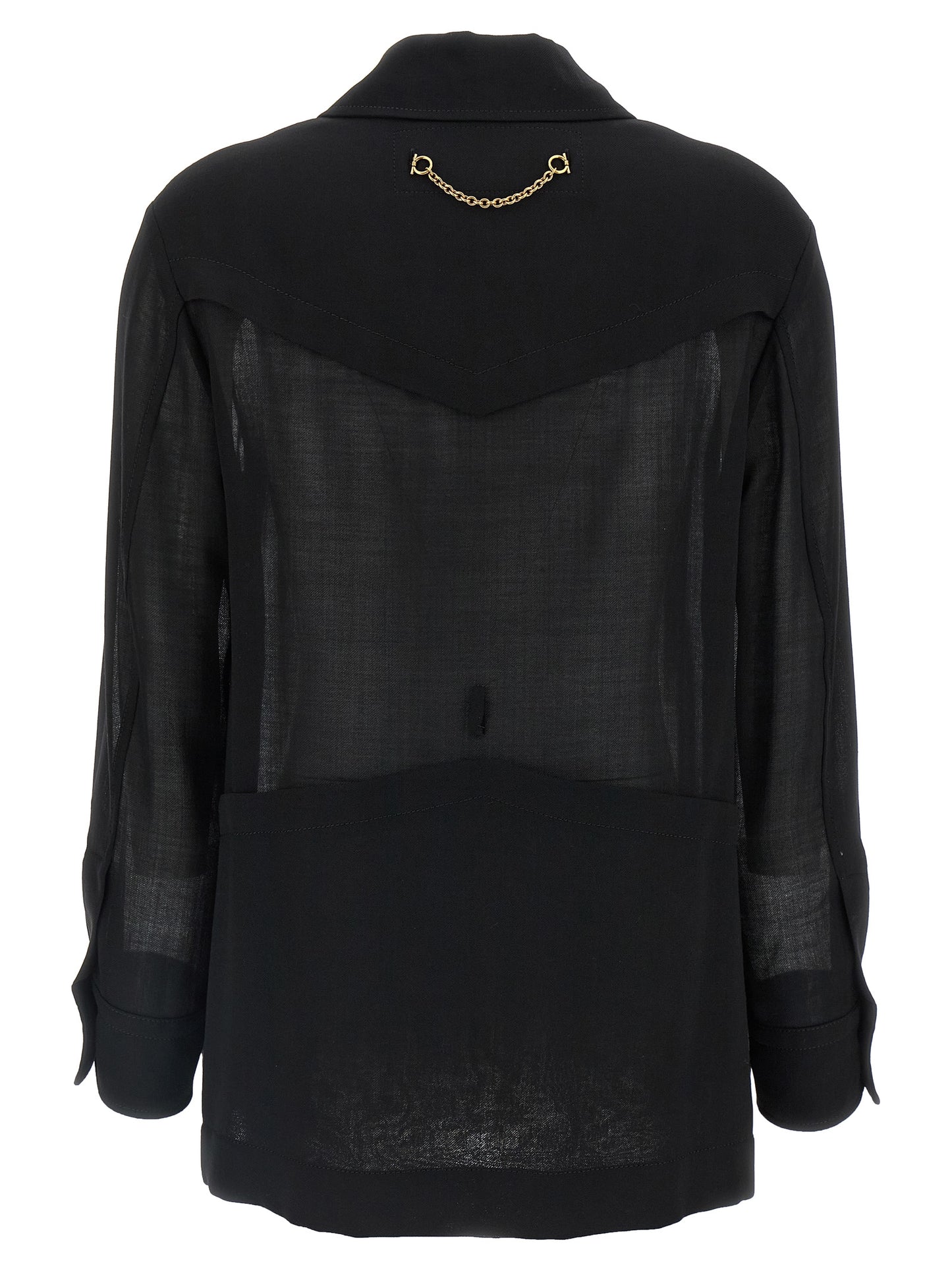 Blouse by Ferragamo for women in polyamide & virgin wool black & transparent presents a discerning silhouette, showcasing a sophisticated and for a truly discerning finish.