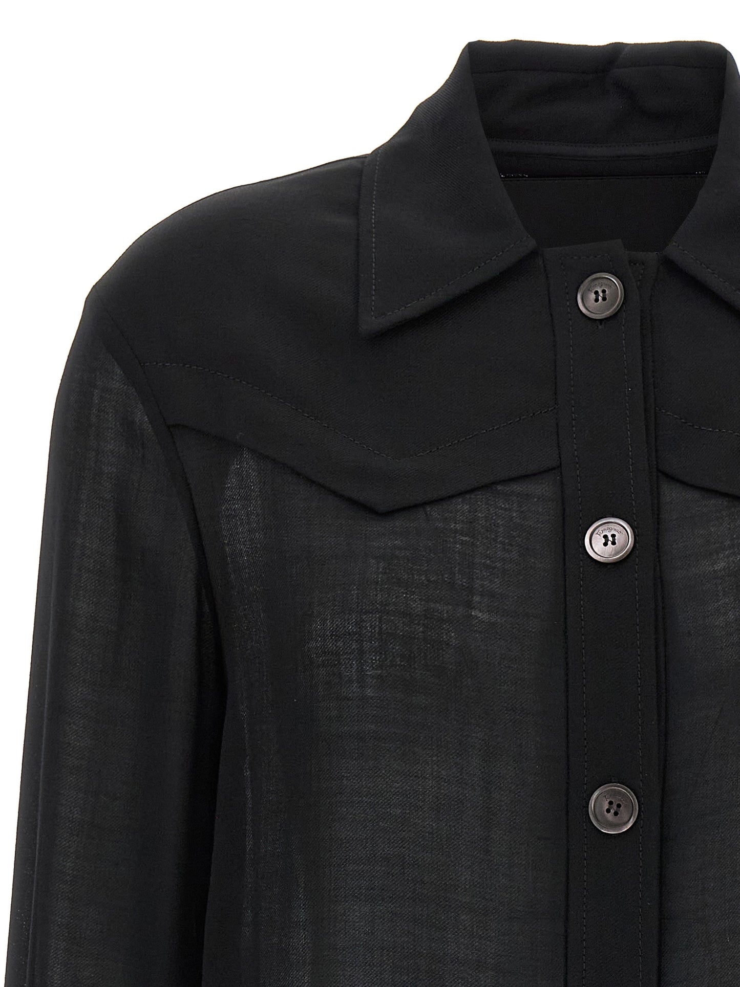 Blouse by Ferragamo for women in polyamide & virgin wool black & transparent showcases a sublime silhouette, artfully detailed with a sublime and for a sophisticated, sublime finish.