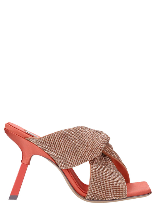 Stiletto Mules Sandals by SEBASTIAN for women in viscose linen & sequins multicolor, pink & red features an statuesque Women's Viscose Linen & Sequins Stiletto Mules Sandals silhouette with a refined stiletto and elegant .