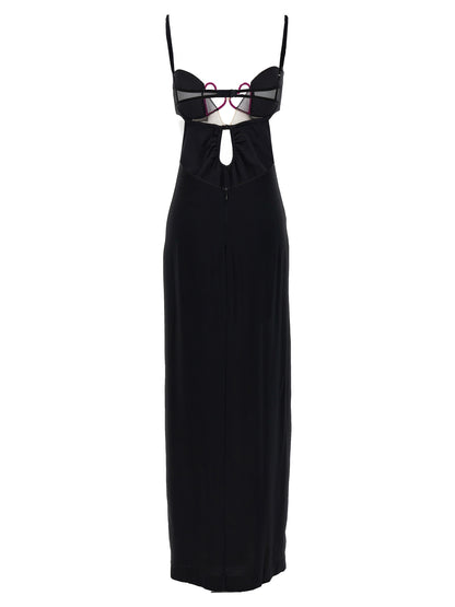 Dress by Nensi Dojaka for women in viscose black features an magnificent silhouette, artfully detailed with a magnificent split neckline and that flows into an magnificent long.