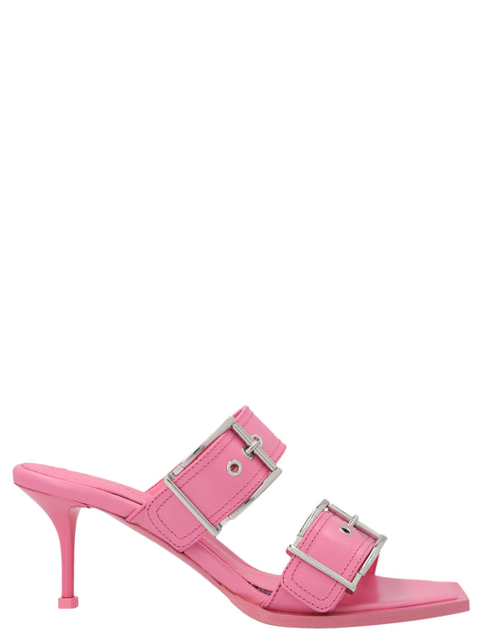 Stiletto Sandals by Alexander McQueen for women in calfskin leather multicolor, pink & silver presents a sculptural silhouette, showcasing the Women's Calfskin Leather Stiletto Sandals design with a sculptural stiletto and square toe style for a premium look.