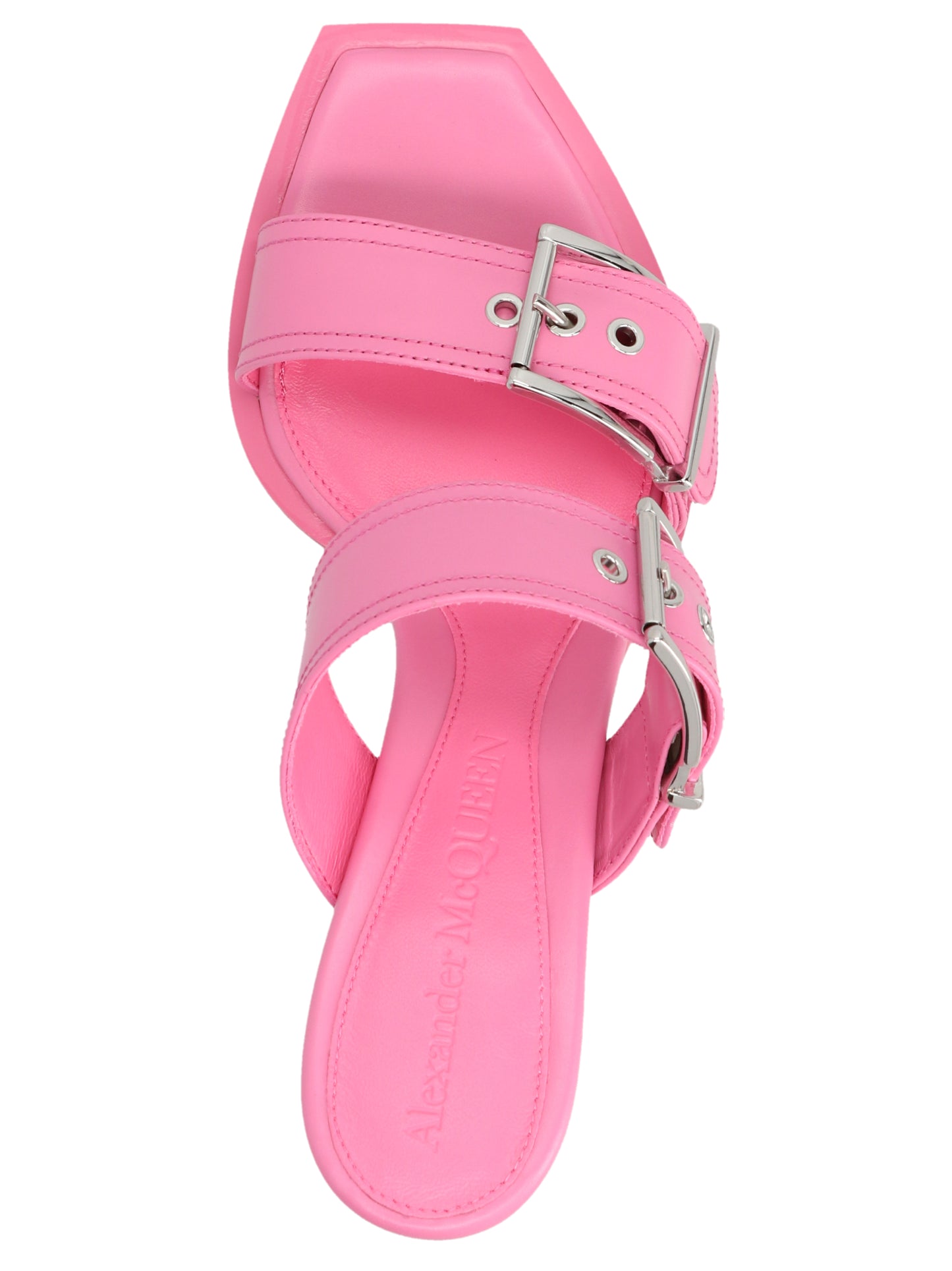 Stiletto Sandals by Alexander McQueen for women in calfskin leather multicolor, pink & silver features an statuesque Women's Calfskin Leather Stiletto Sandals silhouette with a refined stiletto and elegant square toe style.