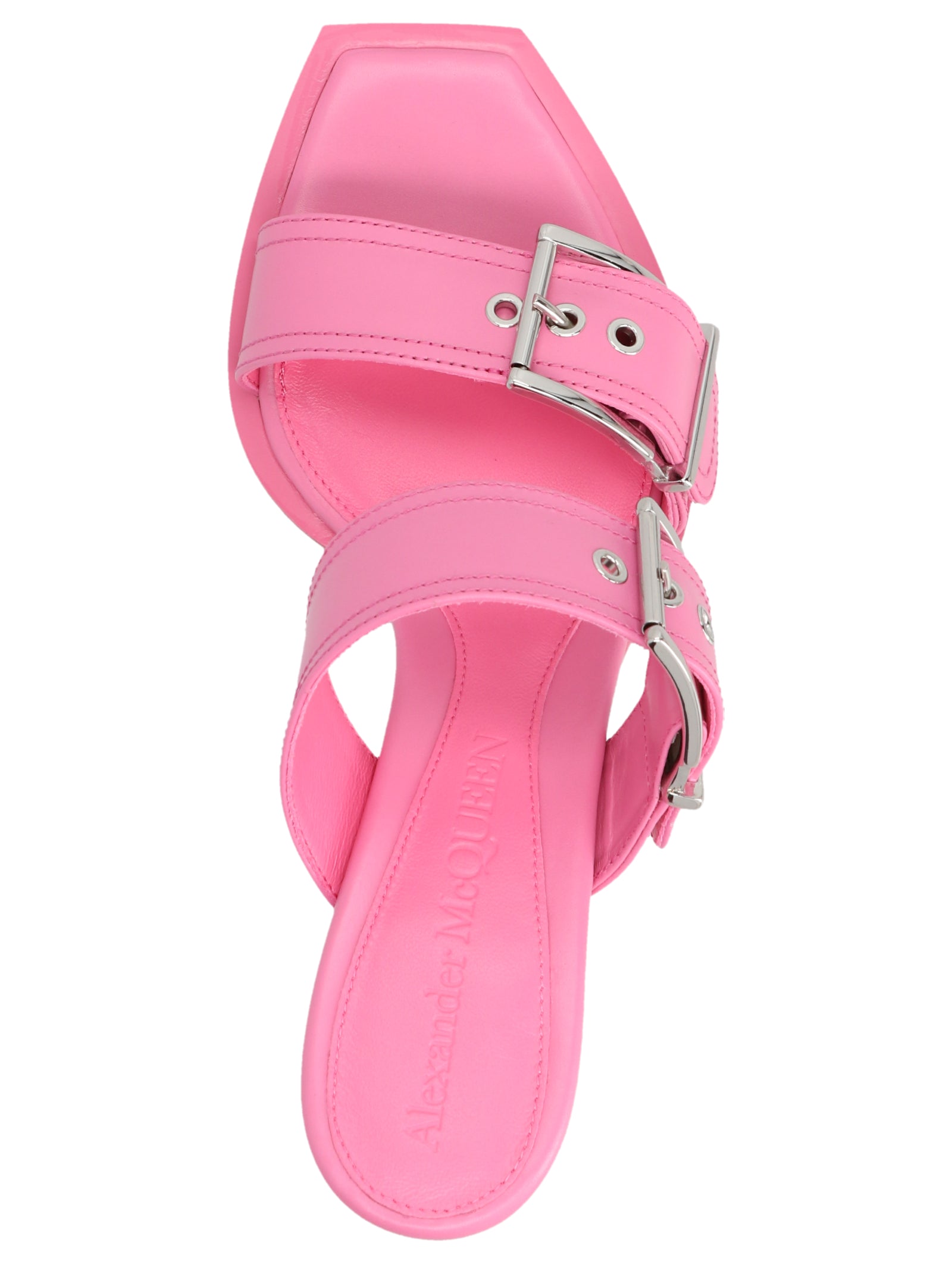 Stiletto Sandals by Alexander McQueen for women in calfskin leather multicolor, pink & silver features an statuesque Women's Calfskin Leather Stiletto Sandals silhouette with a refined stiletto and elegant square toe style.