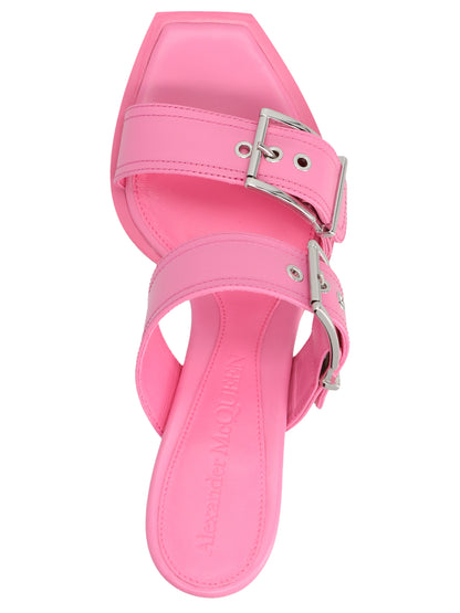 Stiletto Sandals by Alexander McQueen for women in calfskin leather multicolor, pink & silver features an statuesque Women's Calfskin Leather Stiletto Sandals silhouette with a refined stiletto and elegant square toe style.