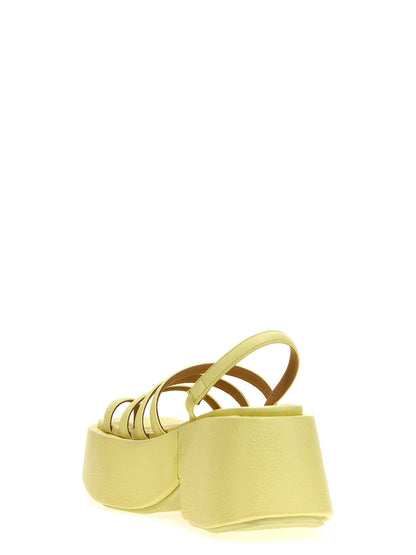Platform Stiletto Sandals by Marsell for women in calfskin leather bicolour & yellow showcases a sculptural silhouette as Women's Calfskin Leather Platform Stiletto Sandals, defined by a sculptural stiletto platform and sculptural for a sculptural look.