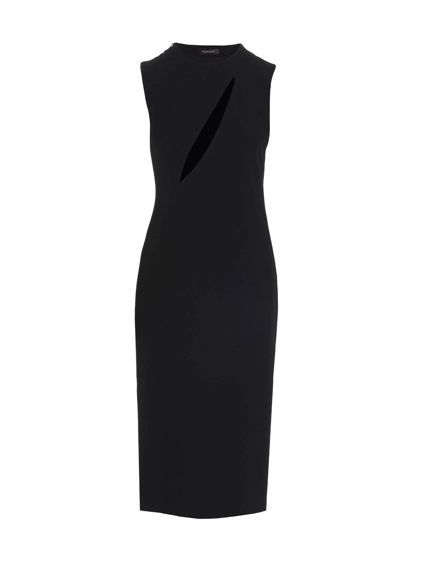 Dress by Versace for women in acetate & viscose black features a dramatic silhouette, showcasing an elegant round split neckline and sleeveless that flows into a dramatic midi.