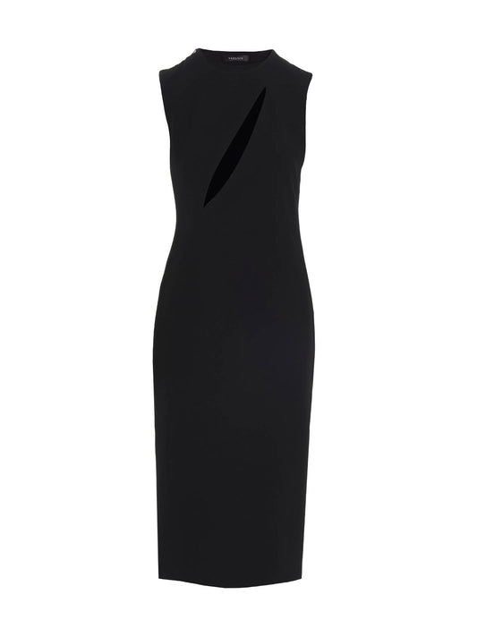 Dress by Versace for women in acetate & viscose black features a dramatic silhouette, showcasing an elegant round split neckline and sleeveless that flows into a dramatic midi.