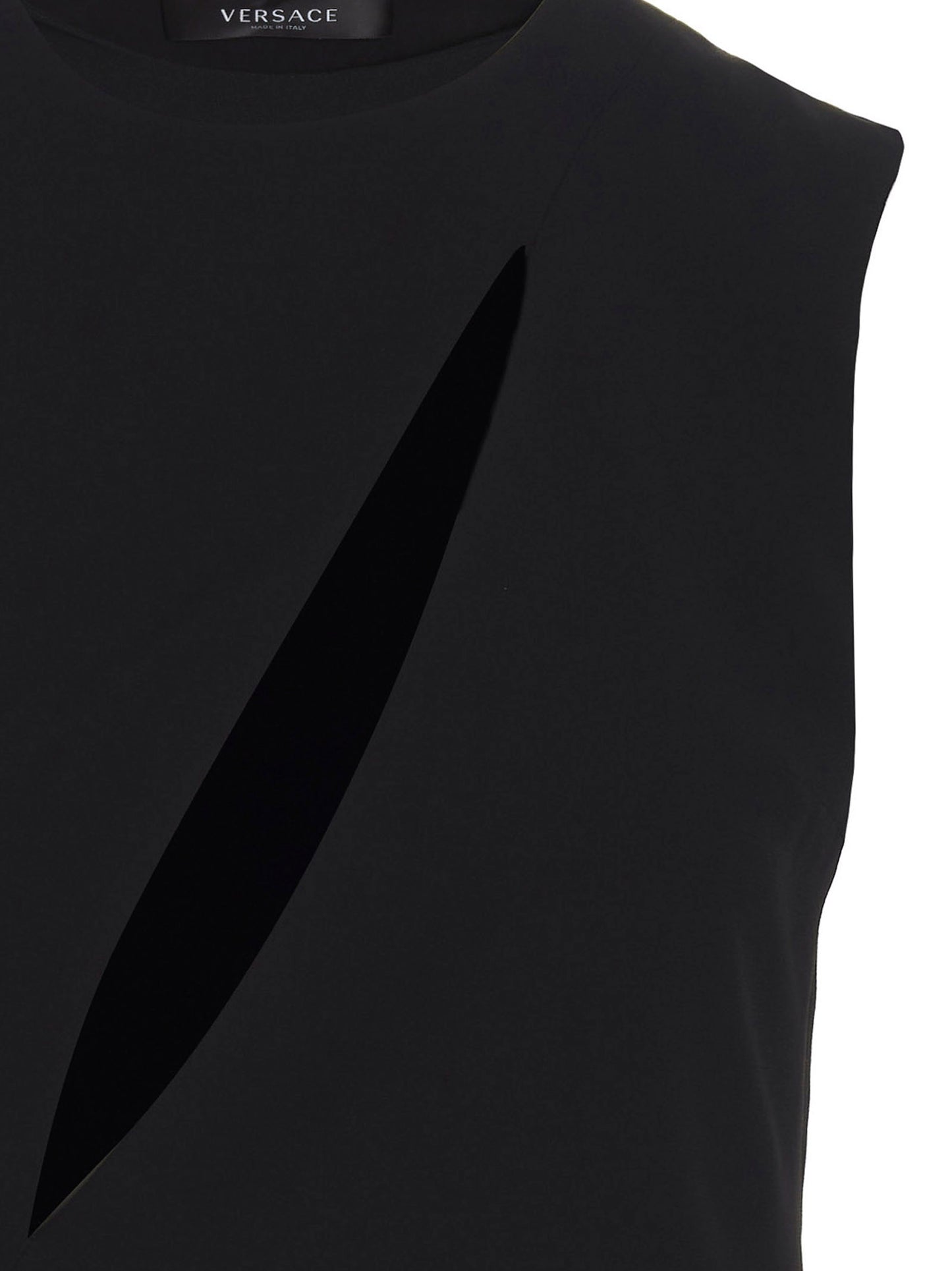 Dress by Versace for women in acetate & viscose black features an eye catching silhouette with a sophisticated round split neckline, elegant , and a refined midi for a eye catching aesthetic.