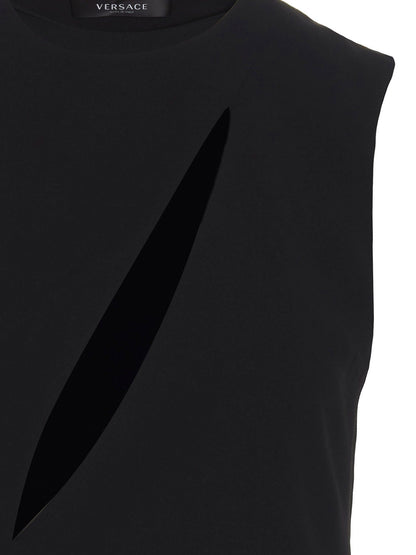 Dress by Versace for women in acetate & viscose black features an eye catching silhouette with a sophisticated round split neckline, elegant , and a refined midi for a eye catching aesthetic.