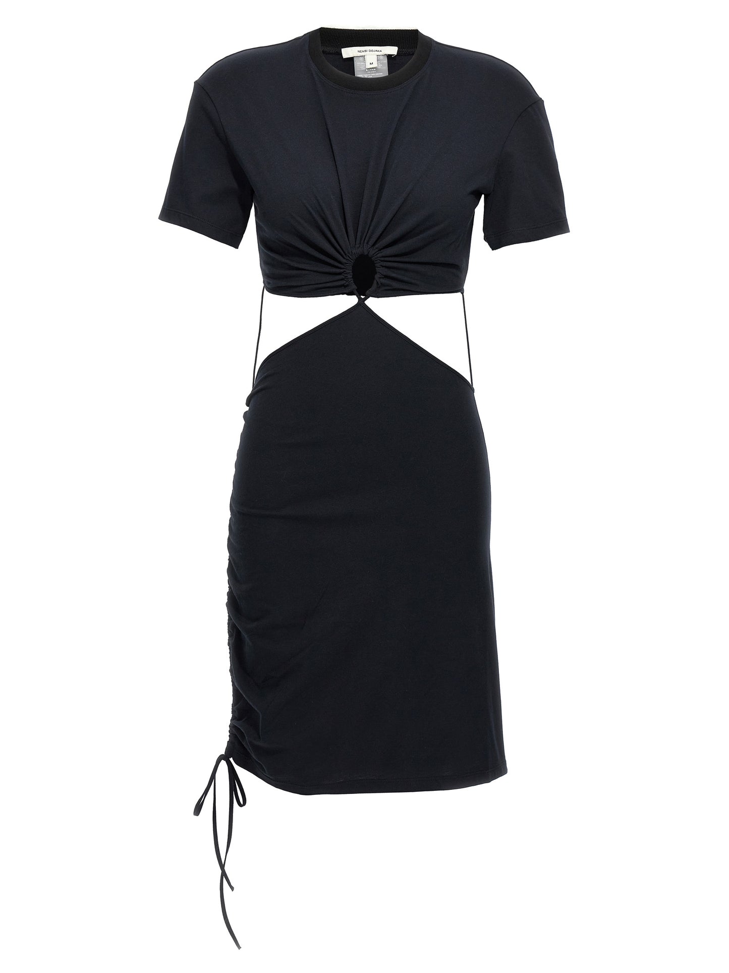 Dress by Nensi Dojaka for women in cotton black features an eye catching silhouette with a sophisticated , elegant short-sleeve, and a refined midi short for a eye catching aesthetic.